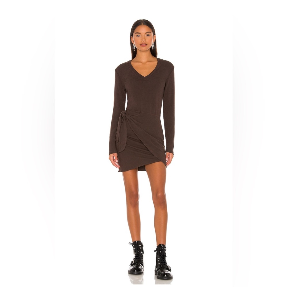 Monrow X Revolve Long Sleeve V Dress in Cocoa